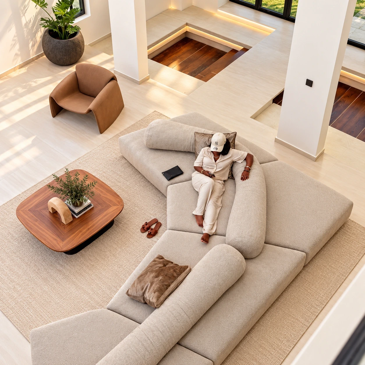 A person relaxing on a sofa in a bright living room, viewed from above