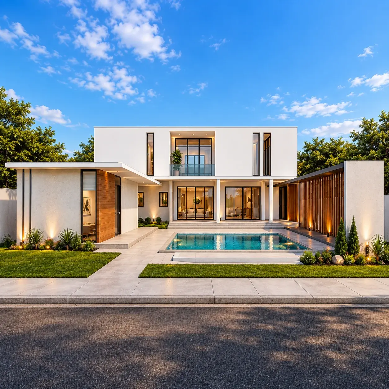 Daylight exterior rendering of Vee’s House, with a courtyard pool and garden.