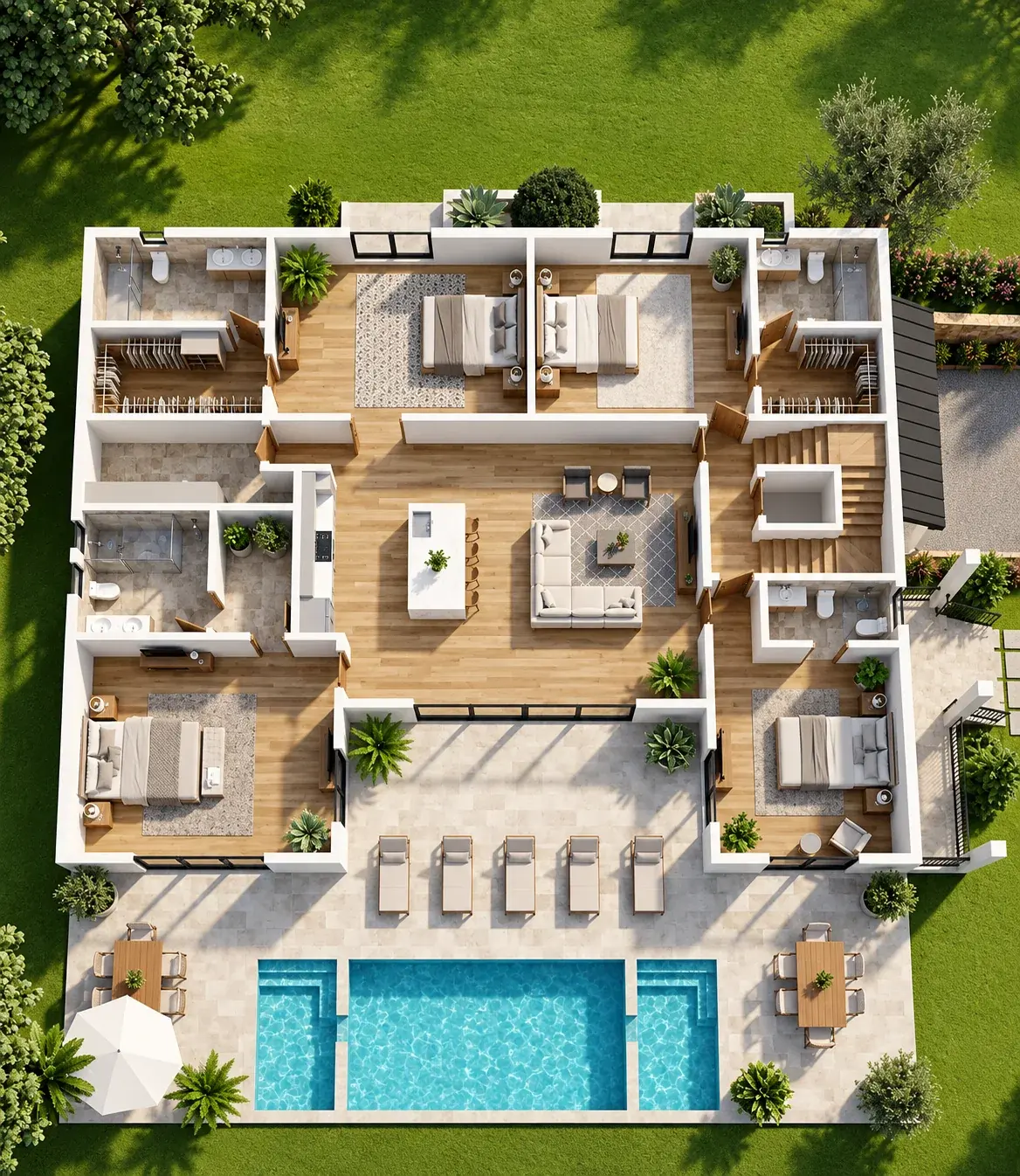 Oura by Bamboo floor plan showing bedrooms, bathrooms, and a pool terrace.