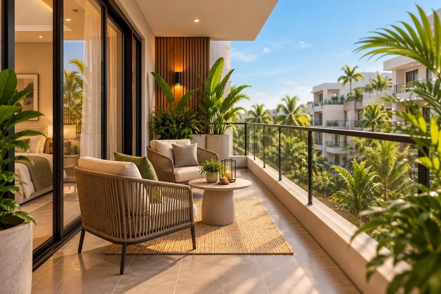 Architectural illustration of a private terrace at 1988 Residences in Trasacco, framed by tropical planting.