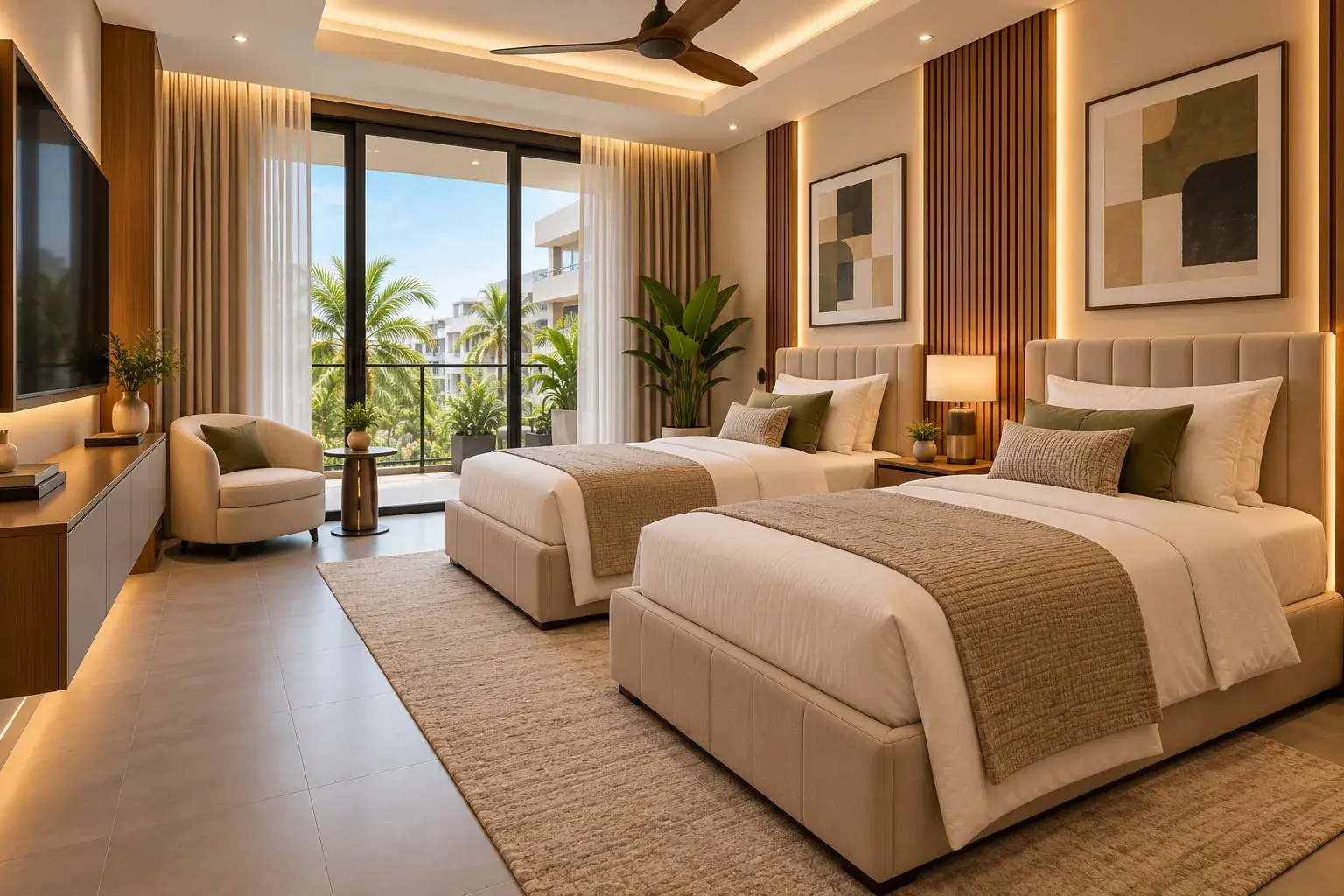 Architectural illustration of a calm bedroom inside 1988 Residences in Trasacco.