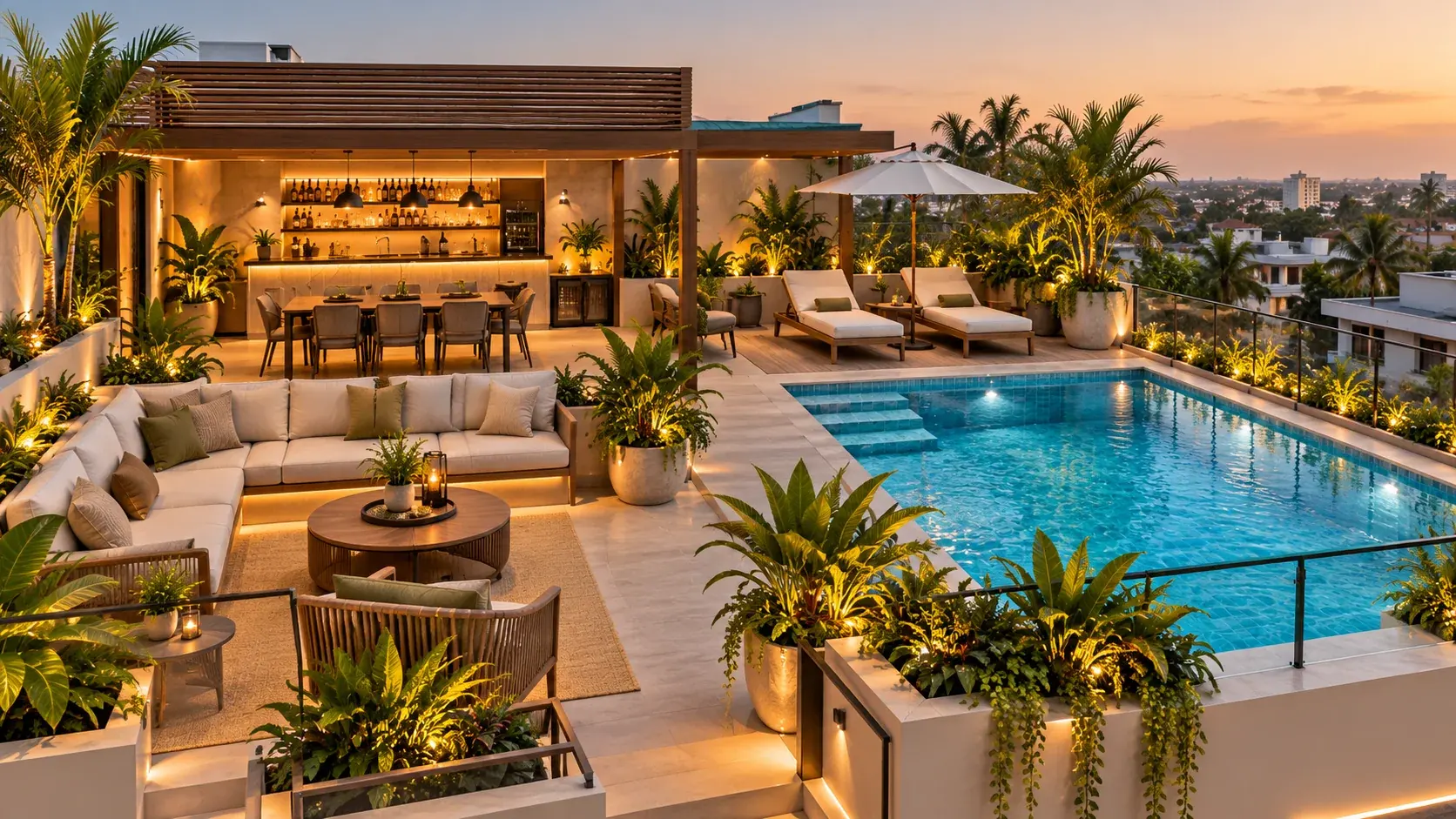 Architectural illustration of the pool and outdoor lounge at 1988 Residences in Trasacco.
