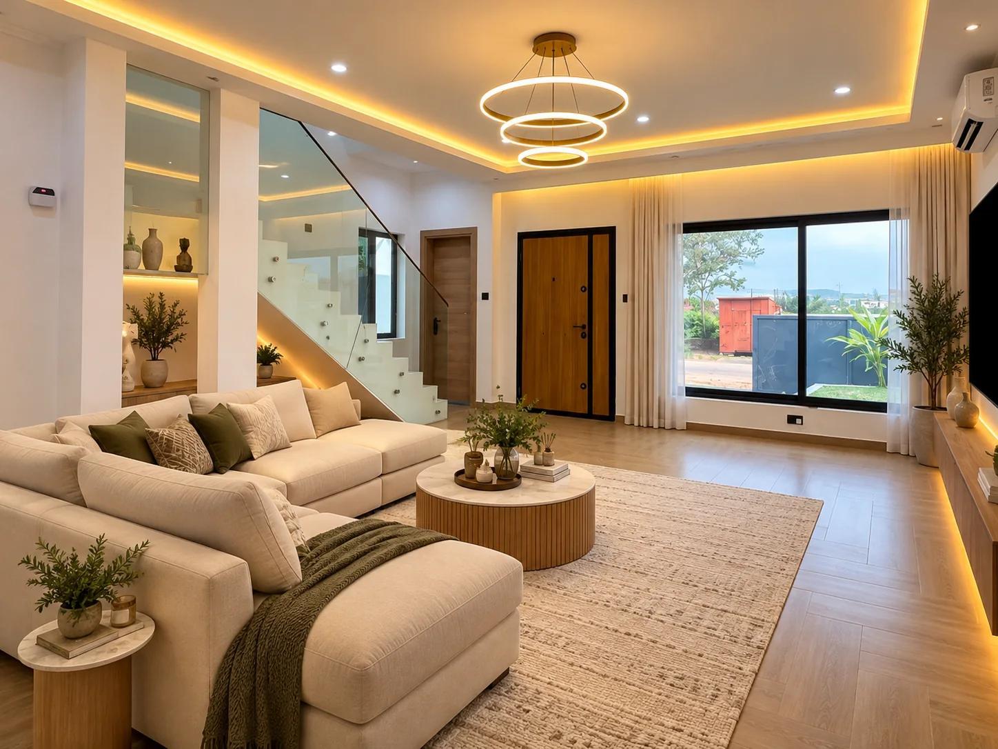 Open living room with a staircase at Aburi Valley Phase Two