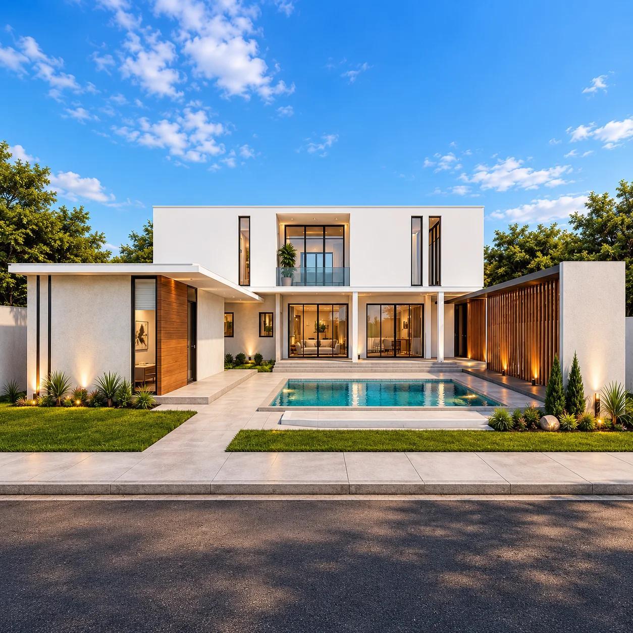 Daylight exterior rendering of Vee’s House, with a courtyard pool and garden.