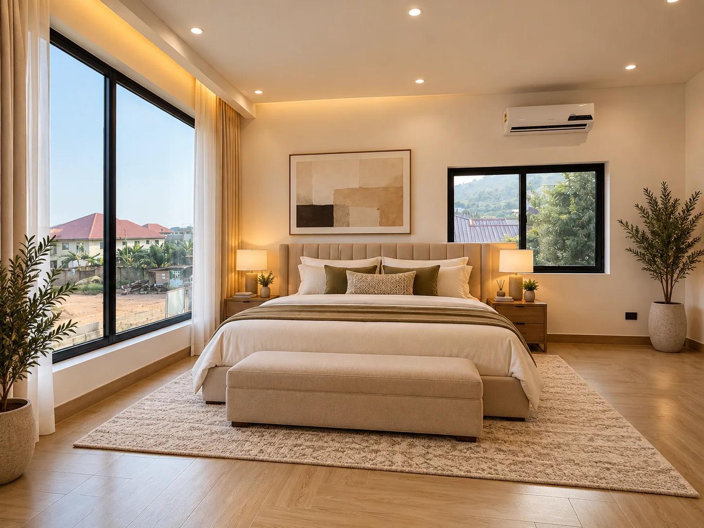 Light-filled bedroom at Aburi Valley Phase Two
