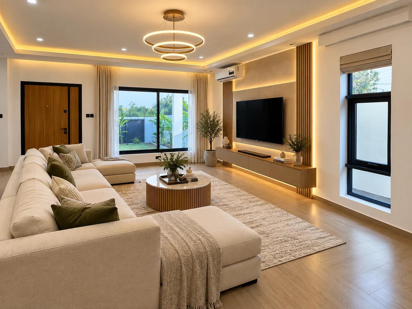 Living room with a media wall at Aburi Valley Phase Two